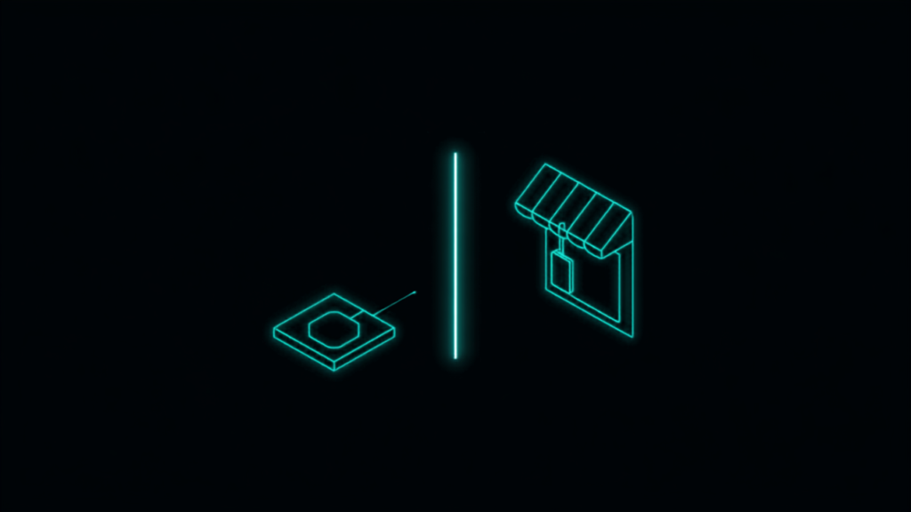 Diagram: a shape inside a protective shield beside the same shape as a tag on a shop front