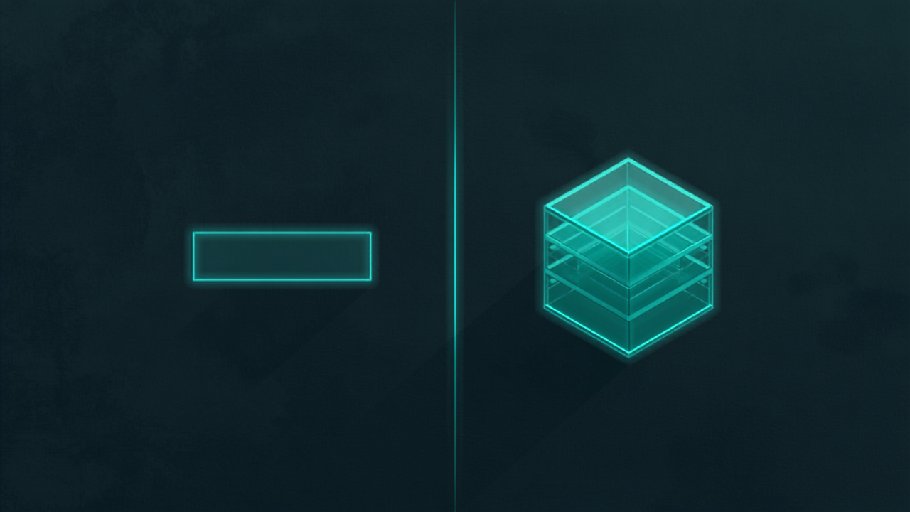 A single flat sheet on one side and a stack of separated editable layers on the other