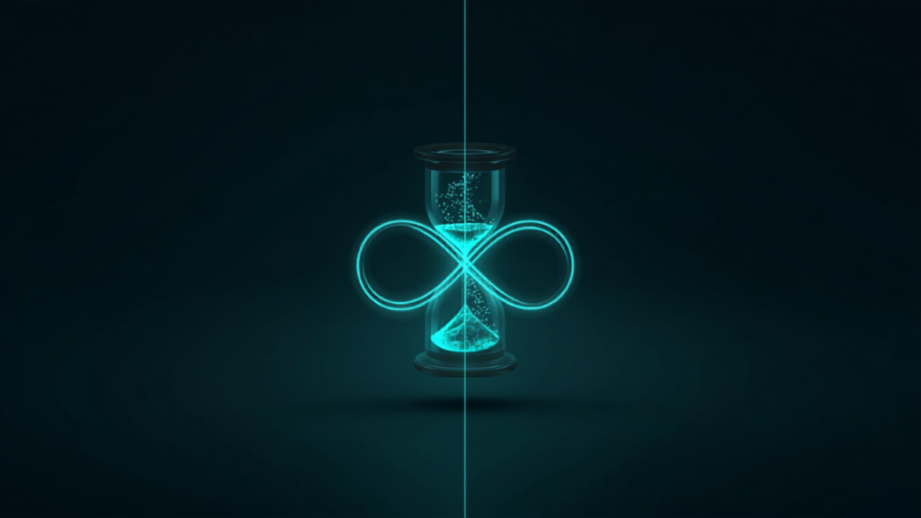 Diagram: an infinity symbol over a document on one side, an almost empty hourglass on the other