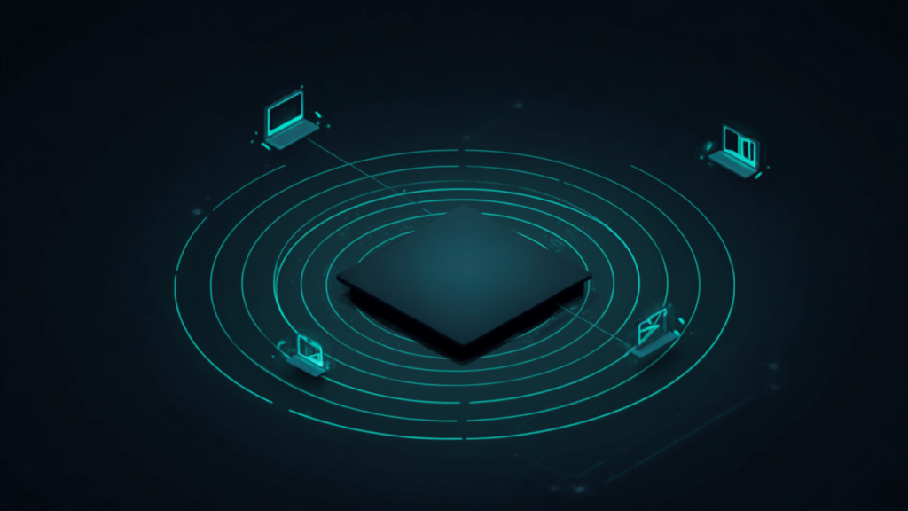 An image tile with scanning rings connecting it to three other browser windows