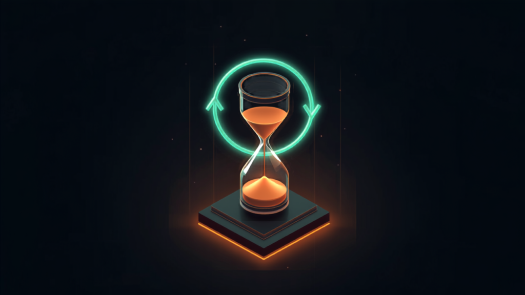 A parcel beneath a draining hourglass with a looping arrow resetting the countdown