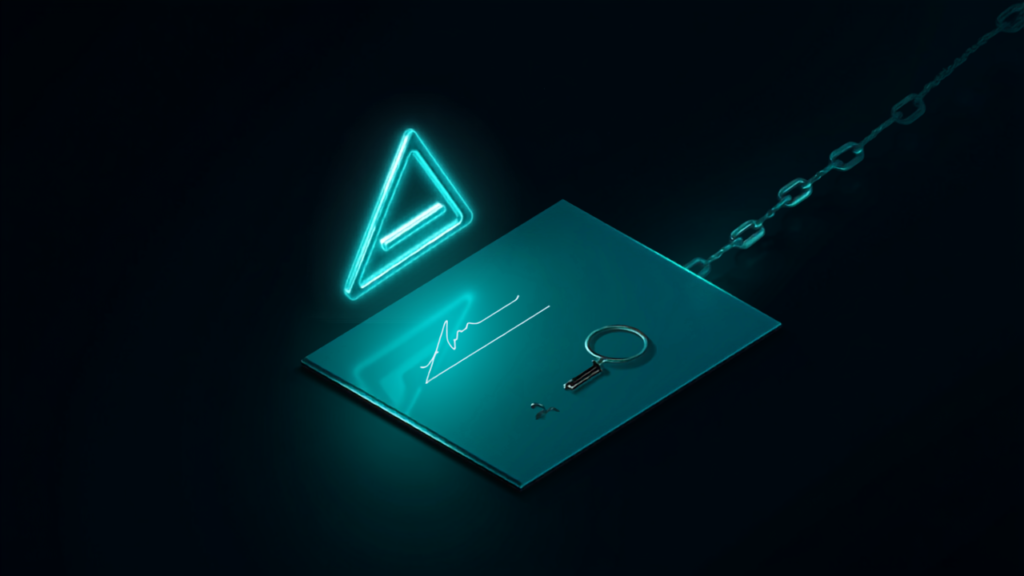 A brand mark floating above a signed legal document with a key across it