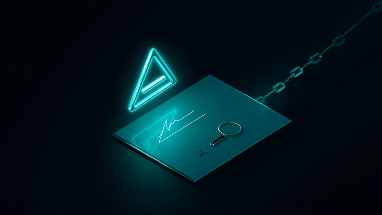 A brand mark floating above a signed legal document with a key across it