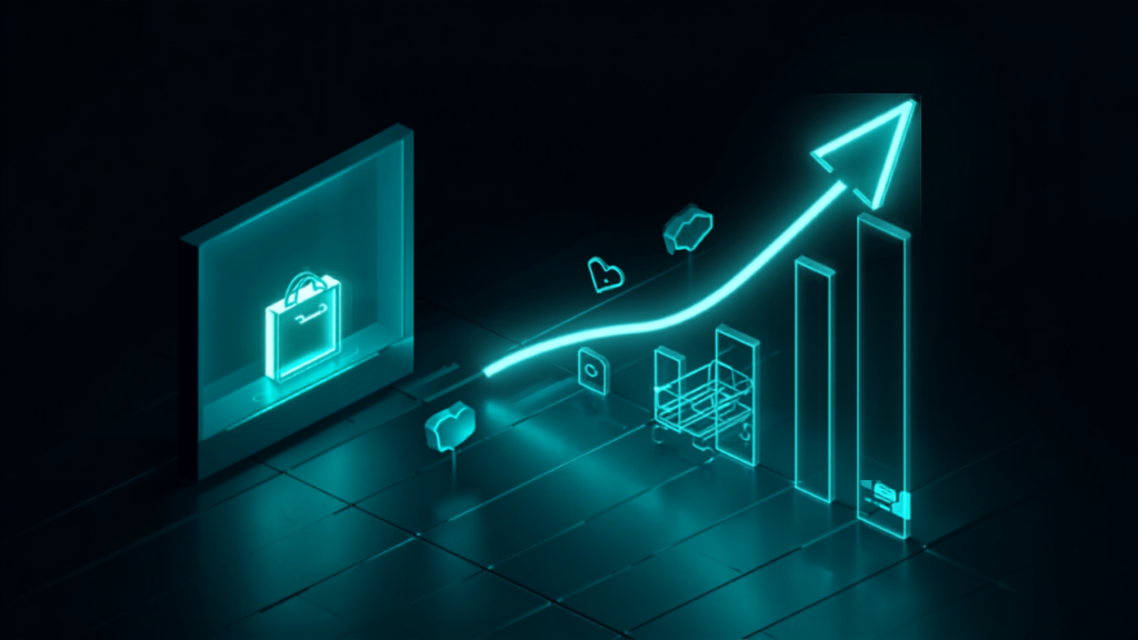 Isometric storefront on the left connected to a rising growth chart on the right