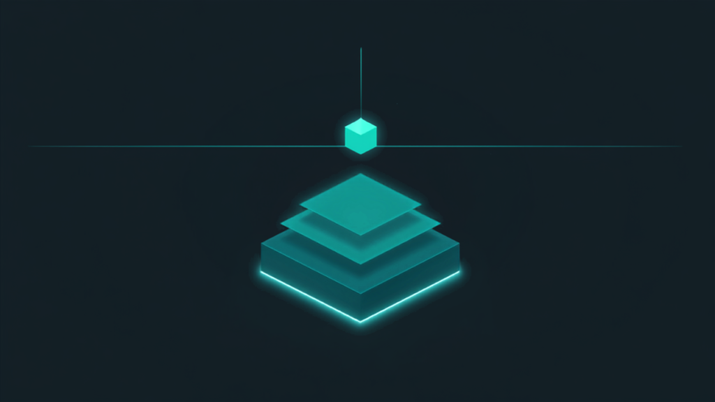 A small emblem above a waterline with a far larger layered foundation beneath it