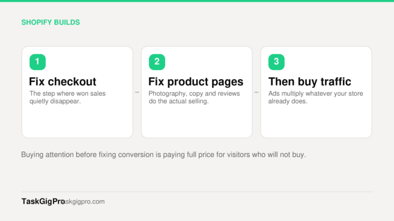 Order of work for a Shopify store: fix checkout, fix product pages, then buy traffic