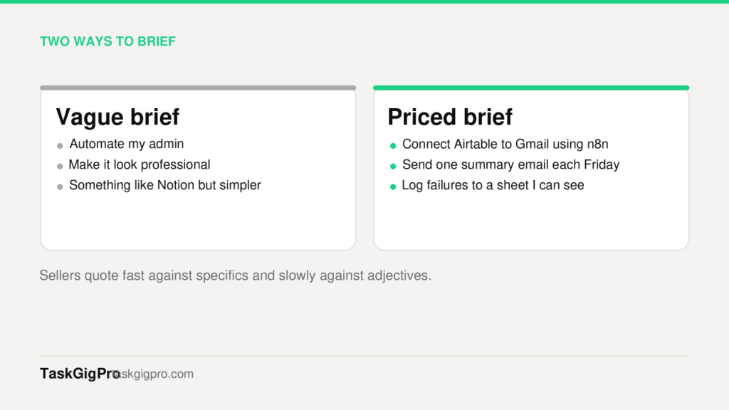 A vague brief compared with a specific brief that sellers can price quickly