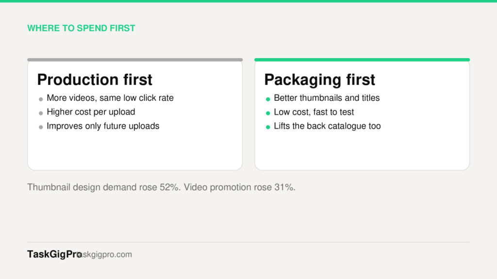 Production-first spending compared with packaging-first spending on a YouTube channel