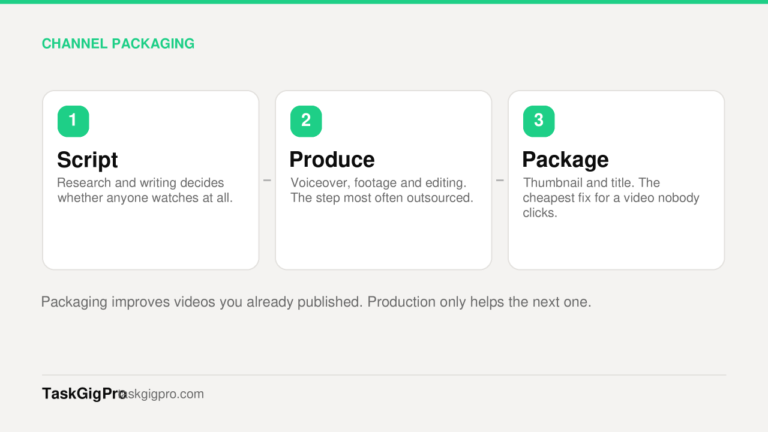 Three stages of channel work: script, produce, then package with thumbnail and title