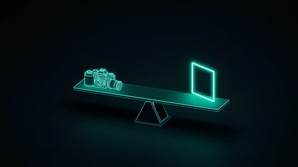 A balance scale where a small bright thumbnail frame outweighs a large film camera